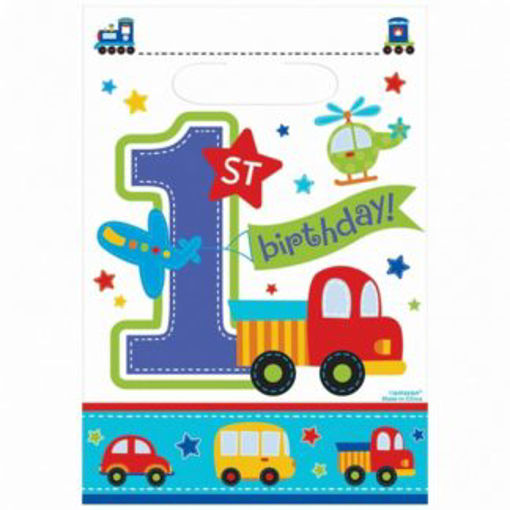 Picture of ALL ABOARD 1ST BIRTHDAY BOY PLASTIC PARTY BAGS - 8PK